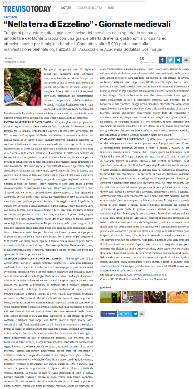 Treviso Today articolo  24 maggio 2016 - nella terra di ezzelino