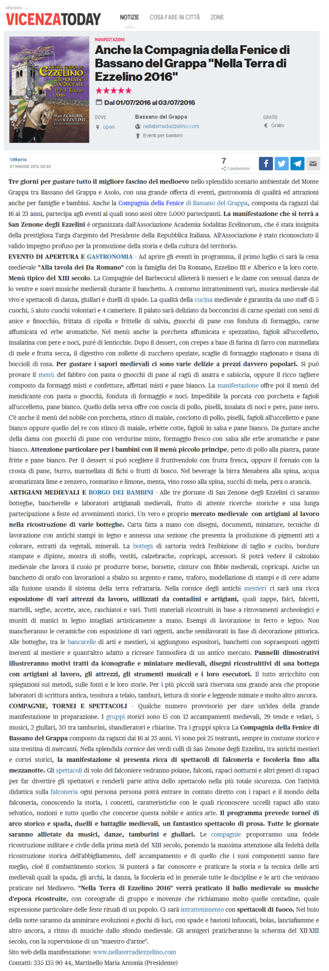 Vicenza Today articolo  27 maggio 2016 - nella terra di ezzelino